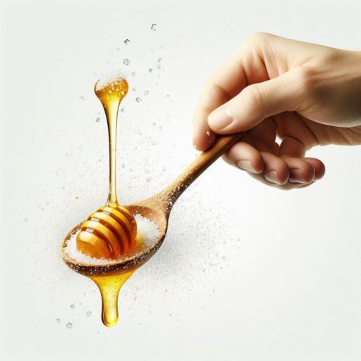 a hand holding a wooden spoon with a honey dipper